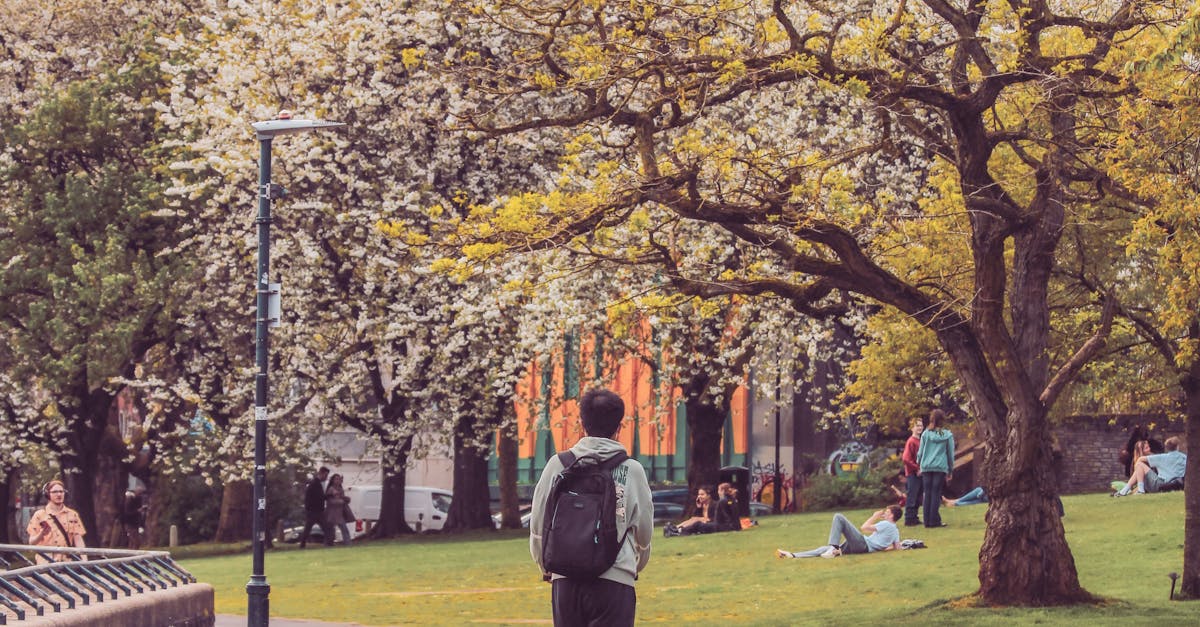 Affordable Outdoor Activities in the UK - A person with a backpack riding a scooter on a park path lined with blooming trees in Bristol.