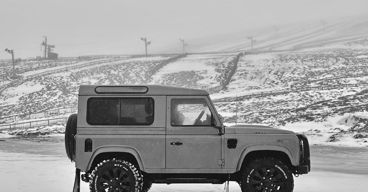 Thrifty Travels in the UK - Classic Land Rover Defender in a snow-covered Scottish landscape, showcasing rugged elegance.