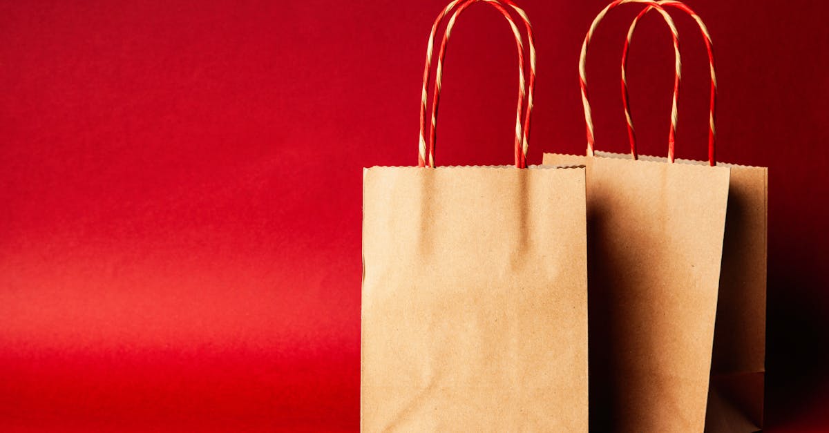 Eco-friendly gifts - Simple brown paper bags with handle on a festive red backdrop, perfect for Christmas.