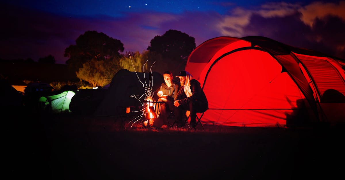 Affordable Camping Equipment - Two men enjoy a campfire by a red tent under a starry sky in Scotland.